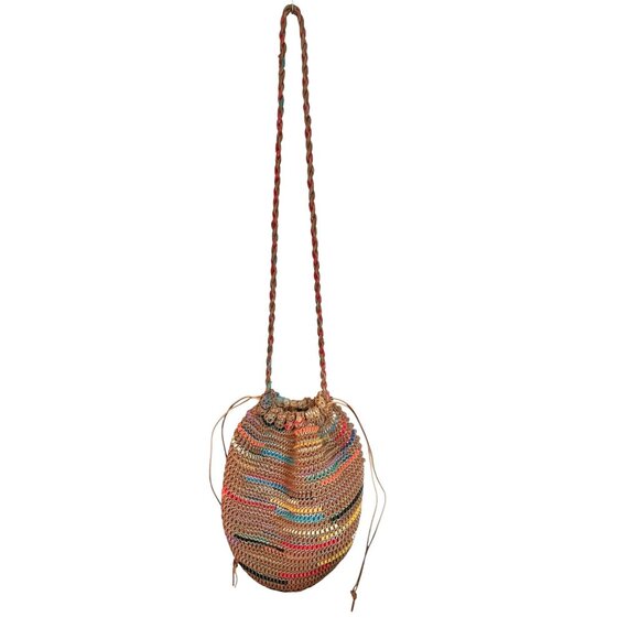 Woven Multicolor Leather Bucket Bag With Drawstring Closure - Picture 2 of 9